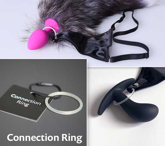 Side-by-side display of the Connection Ring and anal plugs attached to the plug thong A-String by WILDYOU