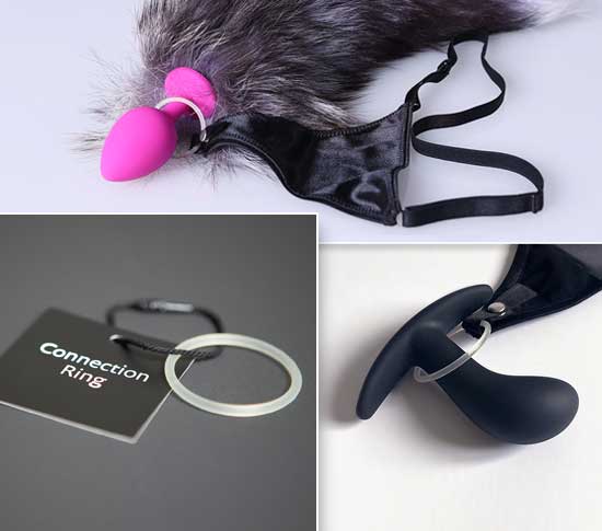 Side-by-side display of the Connection Ring and anal plugs attached to the plug thong A-String by WILDYOU