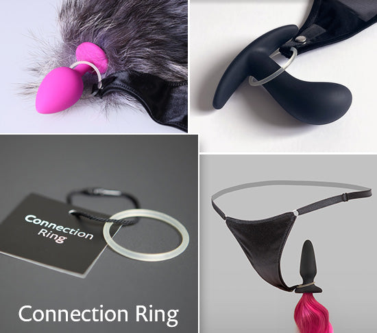 Side-by-side display of the Connection Ring and anal plugs attached to the plug thong A-String by WILDYOU